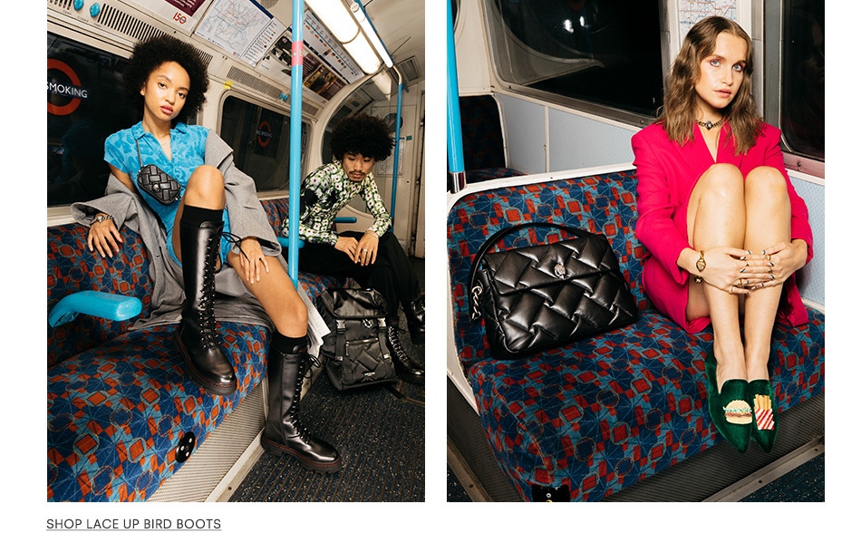 Left image is a model wearing the Lace Up Bird Boots. Right image is a model wearing the Junkfort Mules