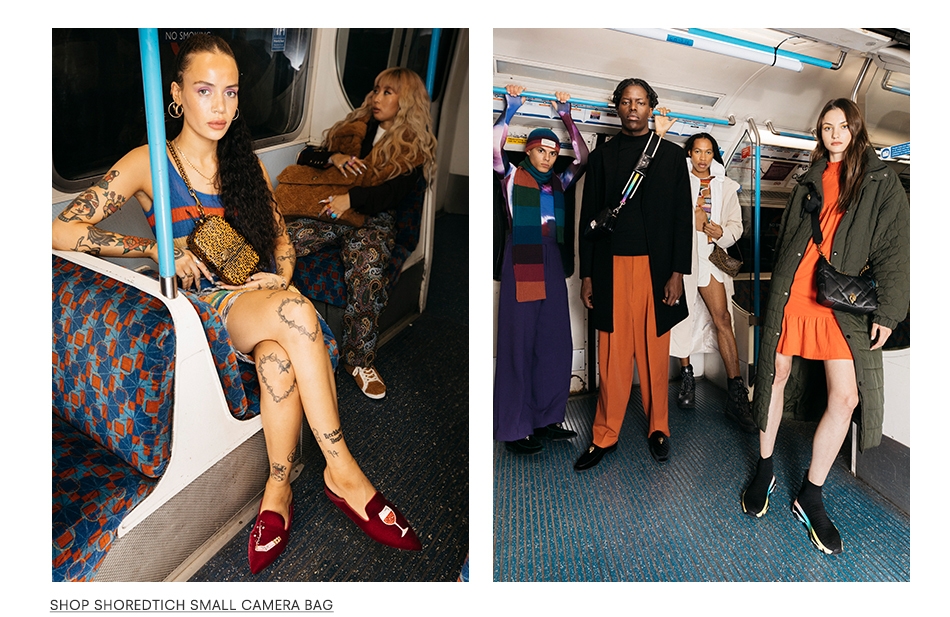 Left image shows ladies on tube, one covered in tattoos wearing the Shoreditch Small Camera Bag. Right image is a group photo of Kurt Geiger products
